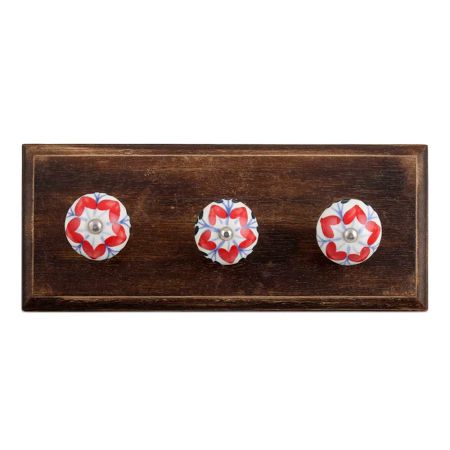 Red Flower Ceramic Wooden Hooks
